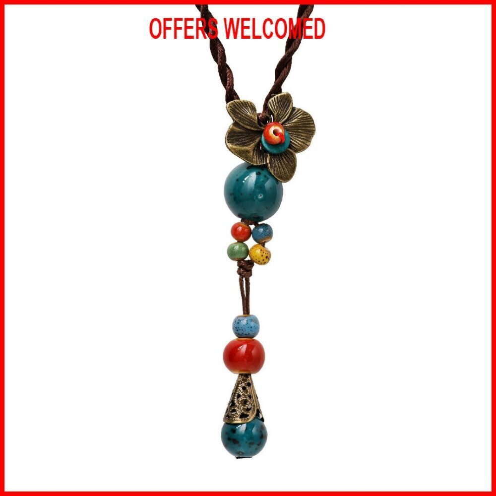 Vintage Boho Ceramic Bead Y Necklace Adjustable Cord Statement Jewelry